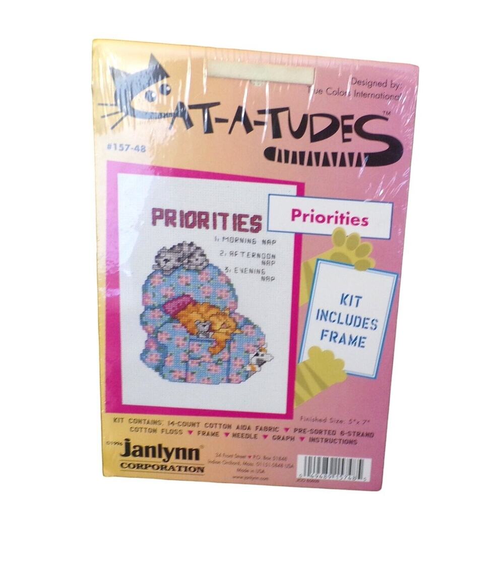 Janlynn Cross Stitch Kit Catatudes Cat "Priorities" #157-48 Vintage 1996 Sealed